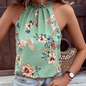 New floral green print sleeveless halter top